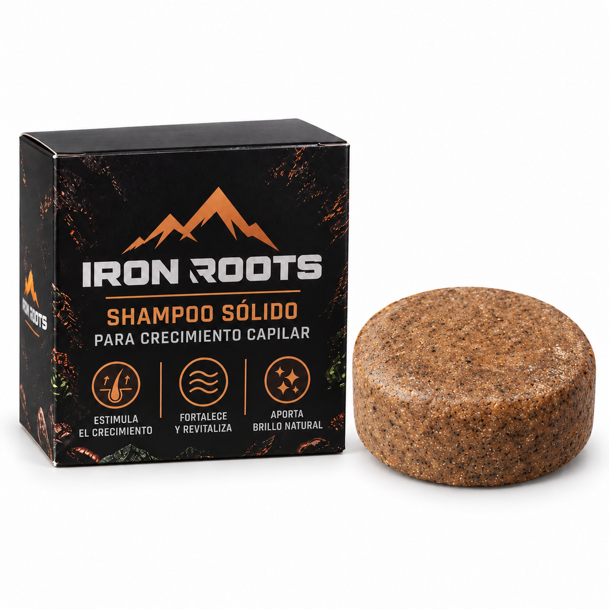 Presentación del shampoo sólido Iron Roots con su caja original