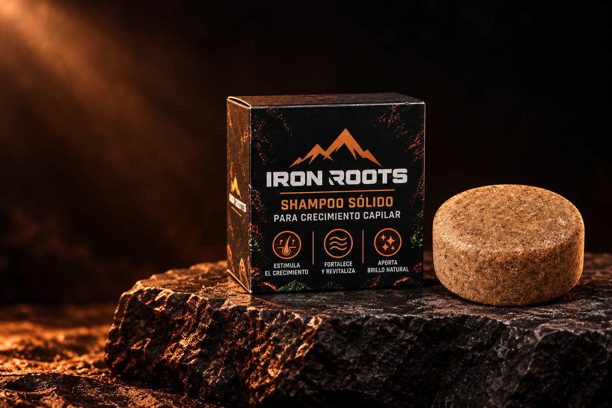 Caja negra y cobre de Iron Roots junto al shampoo sólido sobre piedra oscura